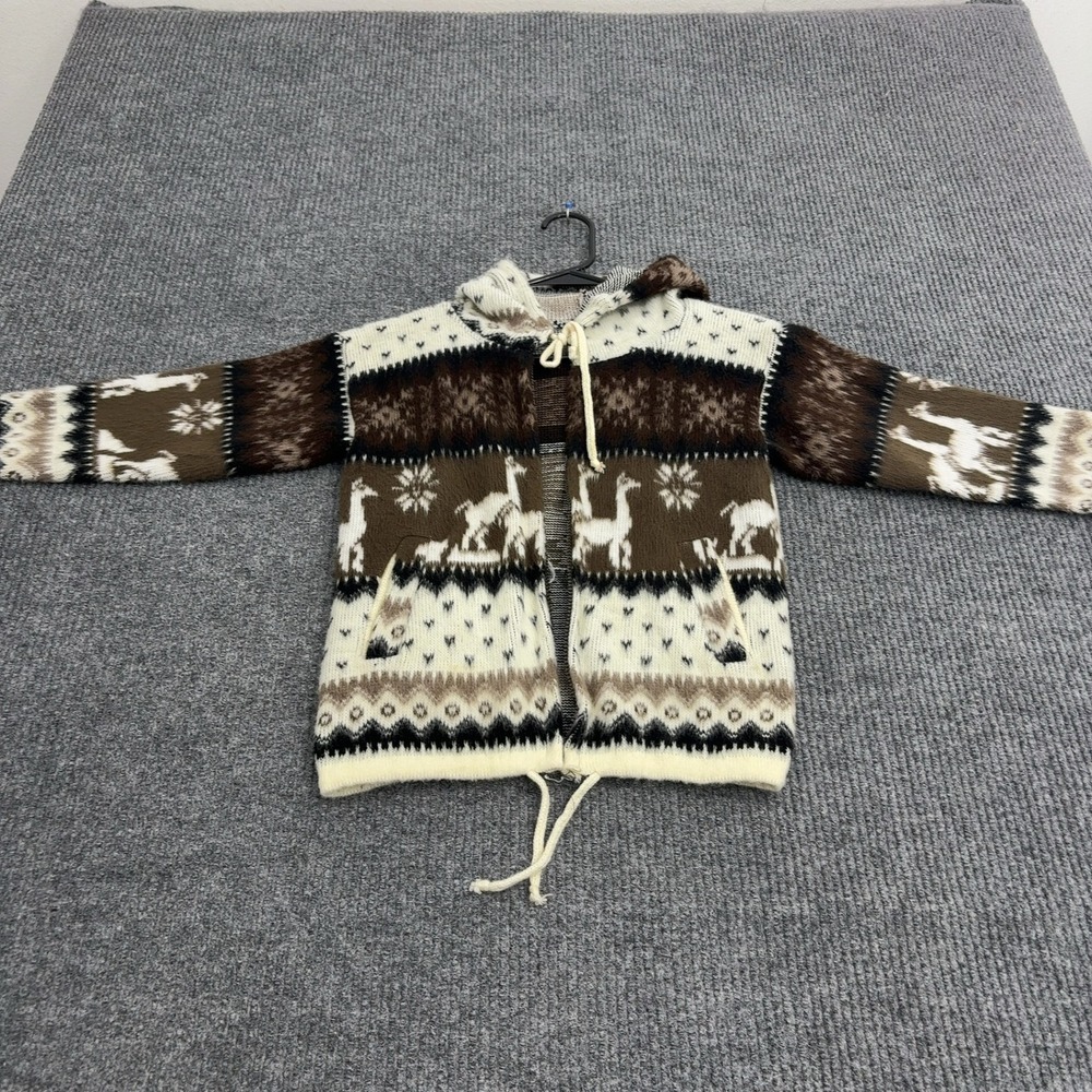 Vintage Andes Hoodie Kids 6 Brown White Wool Llama Knit Full Zip Boho Gorpcore